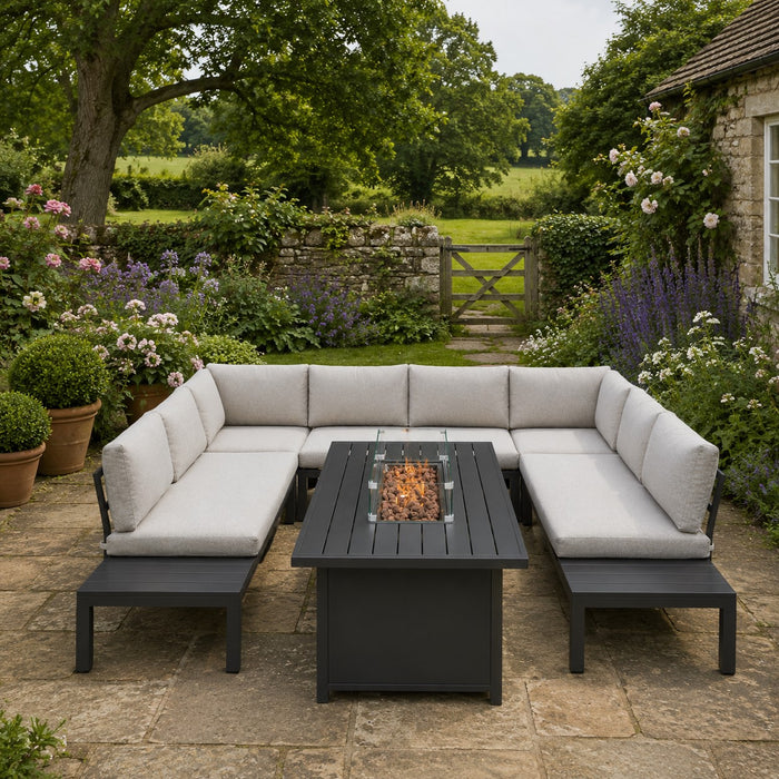Bahia Luxury U-Shape Garden Sofa with Fire Pit Table, Grey