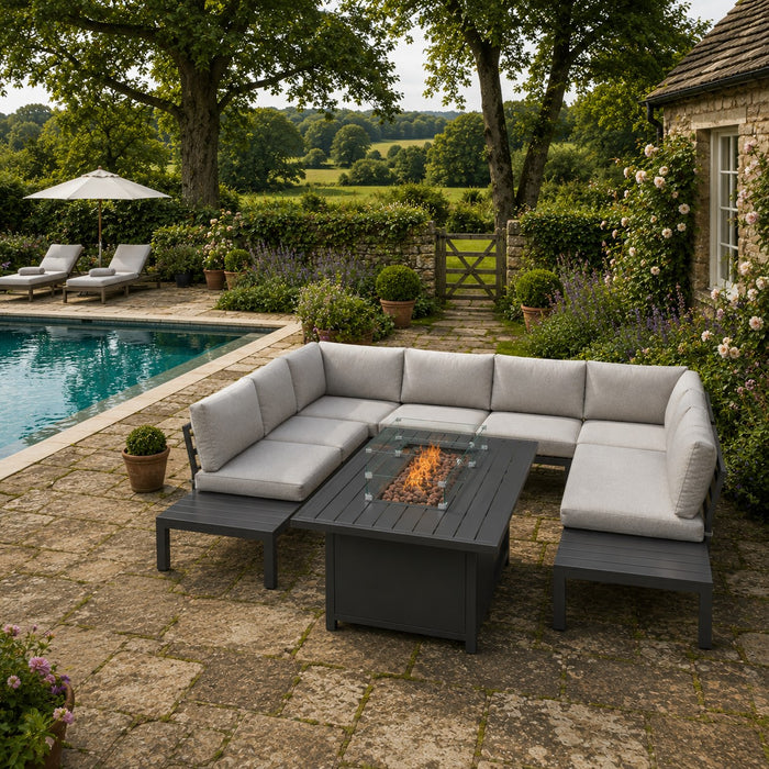 Bahia Luxury U-Shape Garden Sofa with Fire Pit Table, Grey