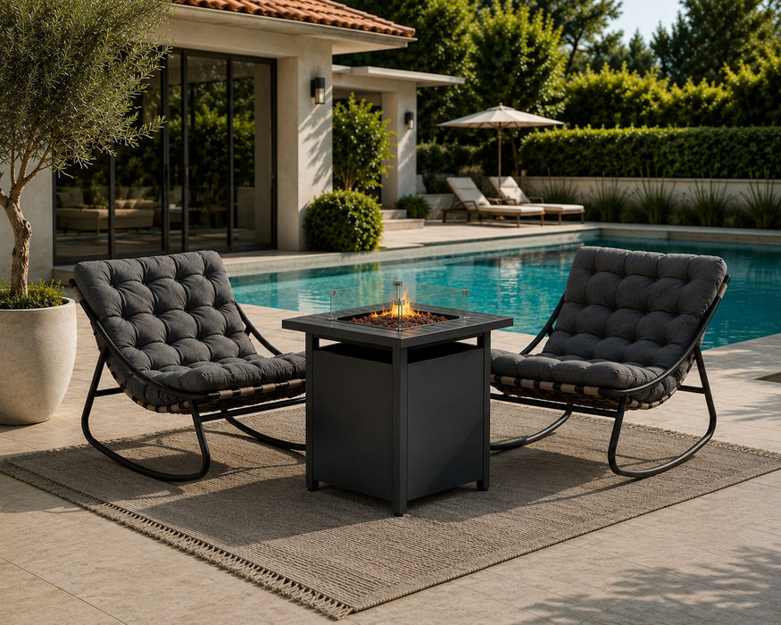 Marbella Garden Rocking Chair Set of 2 with Fire Pit Table, Dark Grey Cushions