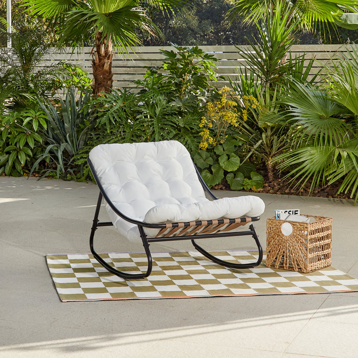 Marbella Garden Rocking Chair Set of 2 with Fire Pit Table, Ivory Cushions