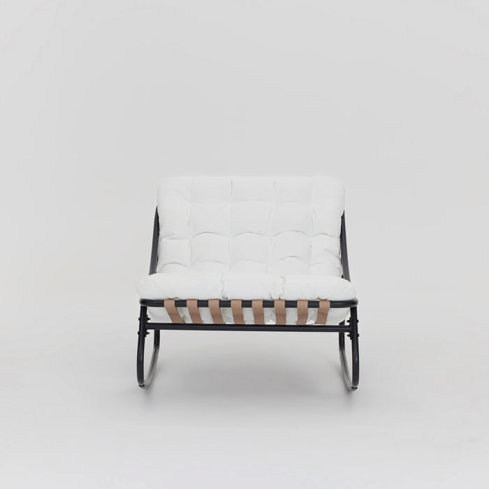 Marbella Garden Rocking Chair Set of 2 with Fire Pit Table, Ivory Cushions