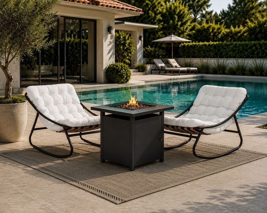 Marbella Garden Rocking Chair Set of 2 with Fire Pit Table, Ivory Cushions