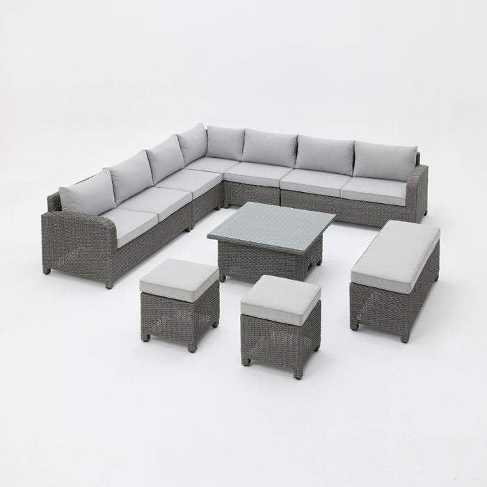 Hadley 7 Seater L-Shape Garden Sofa with Rising Table, Stools & Bench, Grey