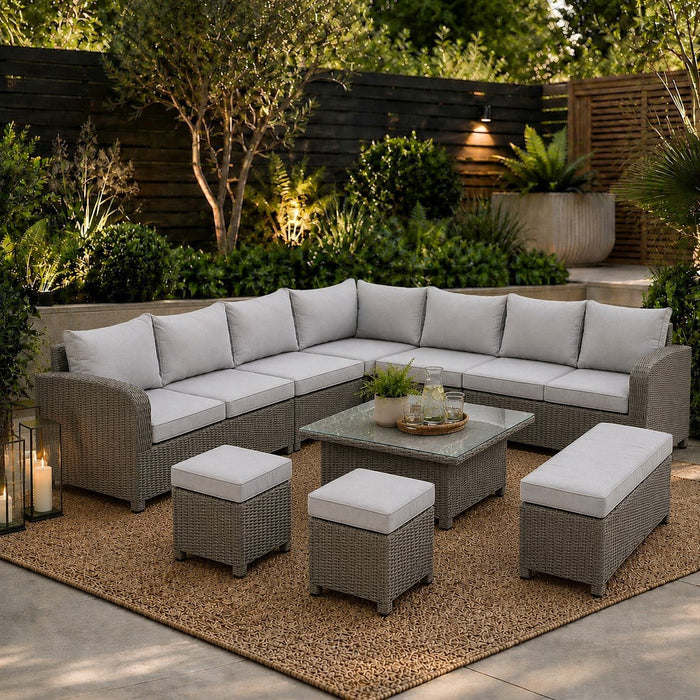 Hadley 7 Seater L-Shaped Aluminium Garden Furniture Set with Rising Table, Grey