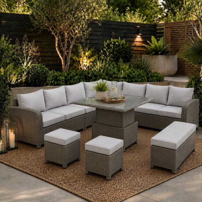 Hadley 7 Seater L-Shaped Aluminium Garden Furniture Set with Rising Table, Grey