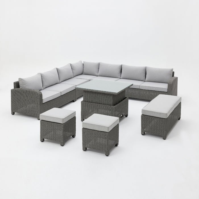 Hadley 7 Seater L-Shape Garden Sofa with Rising Table, Stools & Bench, Grey