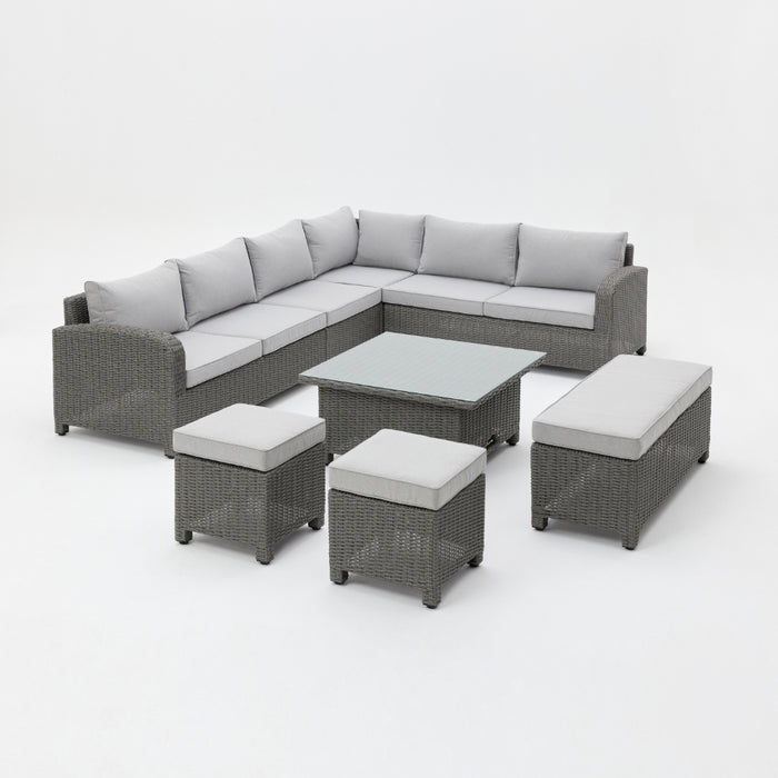 Hadley 6 Seater L-Shape Garden Sofa with Rising Table, Stools & Bench, Grey