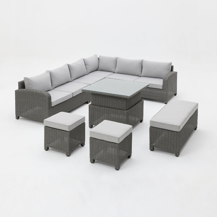 Hadley 6 Seater L-Shape Garden Sofa with Rising Table, Stools & Bench, Grey