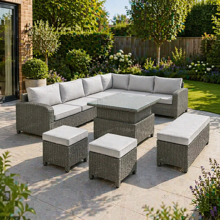 Hadley 6 Seater L-Shape Garden Sofa with Rising Table, Stools & Bench, Grey