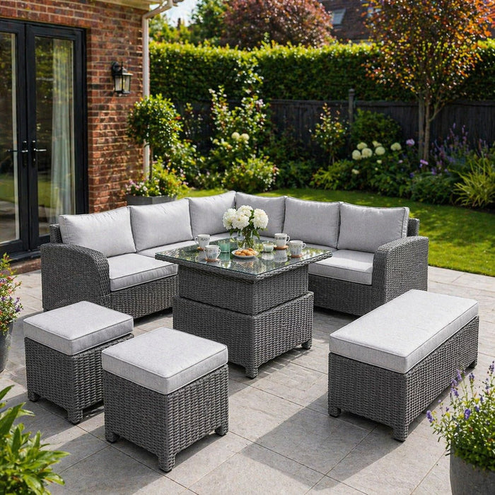 Hadley 5 Seater L-Shape Garden Sofa with Rising Table, Stools & Bench, Grey