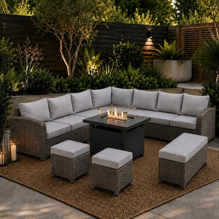 Hadley 7 Seater L-Shaped Aluminium Garden Furniture Set with Firepit Table, Grey