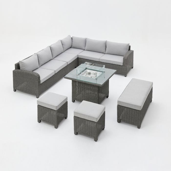 Hadley 6 Seater L-Shape Garden Sofa with Fire Pit Table, Stools & Bench, Grey