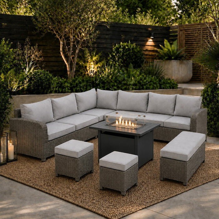Hadley 6 Seater L-Shaped Aluminium Garden Furniture Set with Firepit Table, Grey