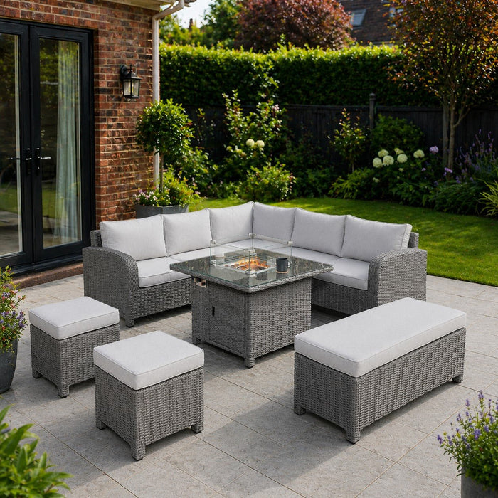 Hadley 5 Seater L-Shaped Aluminium Garden Furniture Set with Firepit Table, Grey