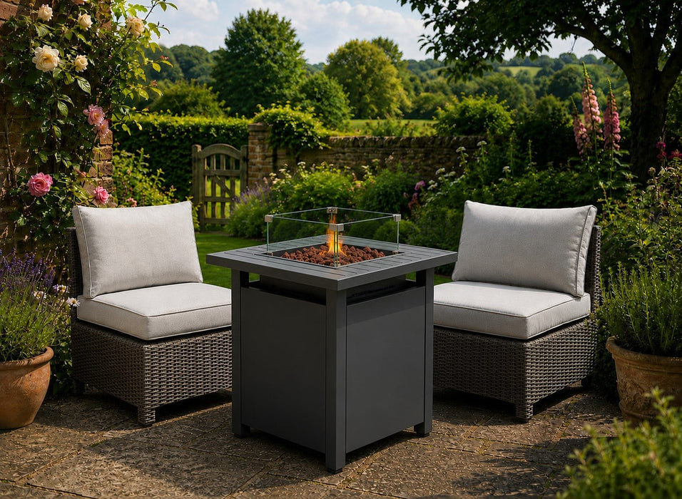 Hadley Armless Rattan Chair Set of 2 With Fire Pit Table, Grey