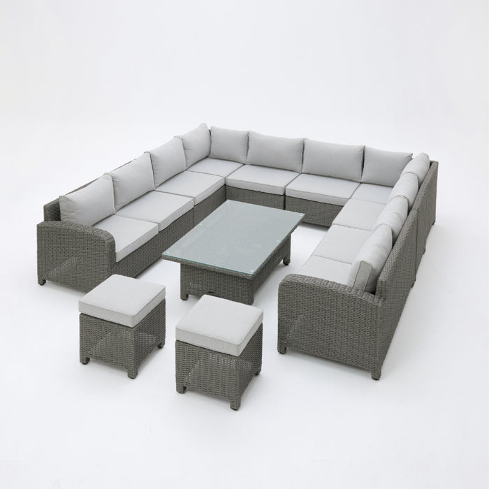 Hadley 10 Seater U-Shape Garden Sofa with Rising Table & Stools, Grey