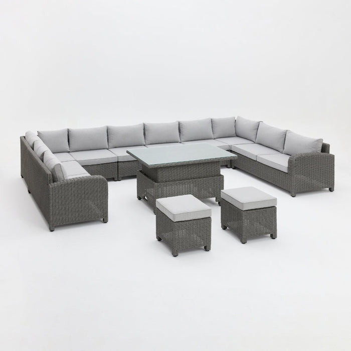 Hadley 10 Seater U-Shape Garden Sofa with Rising Table & Stools, Grey