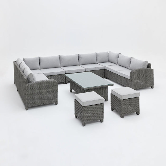 Hadley 9 Seater U-Shape Garden Sofa with Rising Table & Stools, Grey