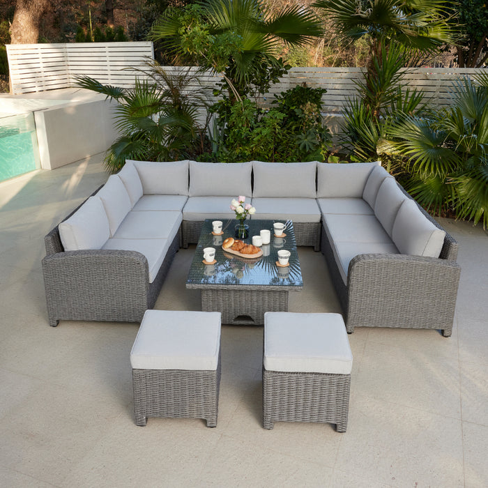 Hadley 8 Seater U-Shape Garden Sofa with Rising Table & Stools, Grey