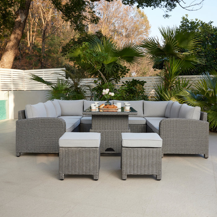 Hadley 8 Seater U-Shape Garden Sofa with Rising Table & Stools, Grey