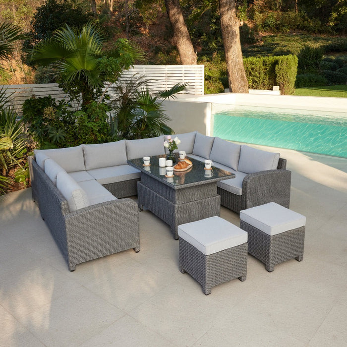 Hadley 8 Seater U-Shape Garden Sofa with Rising Table & Stools, Grey