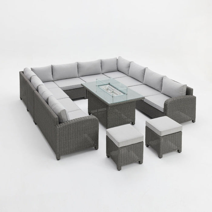 Hadley 10 Seater U-Shape Garden Sofa with Fire Pit Table & Stools, Grey