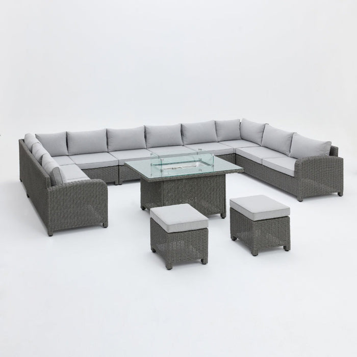 Hadley 10 Seater U-Shape Garden Sofa with Fire Pit Table & Stools, Grey