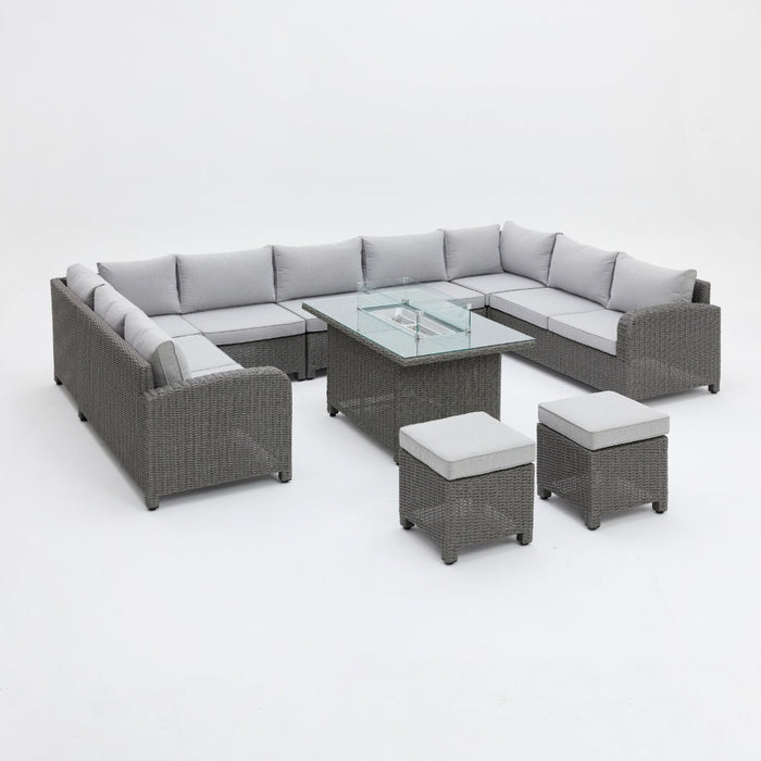 Hadley 9 Seater U-Shape Garden Sofa with Fire Pit Table & Stools, Grey