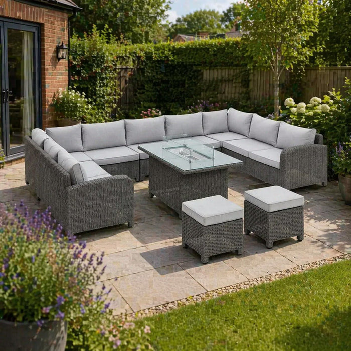 Hadley 9 Seater U-Shape Garden Sofa with Fire Pit Table & Stools, Grey