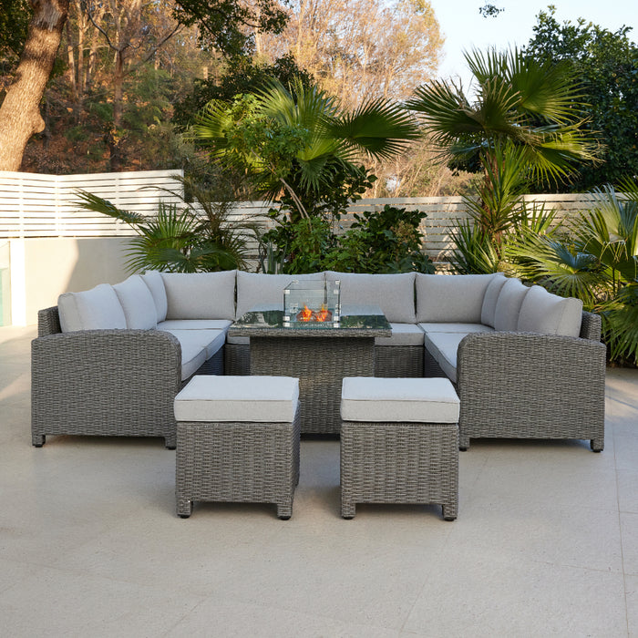 Hadley 8 Seater U-Shape Garden Sofa with Fire Pit Table & Stools, Grey