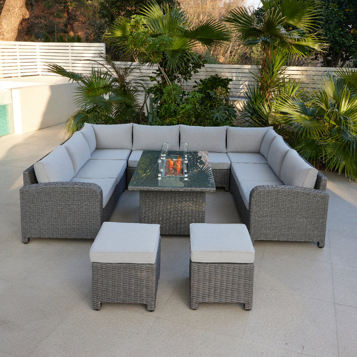 Hadley 8 Seater U-Shape Garden Sofa with Fire Pit Table & Stools, Grey