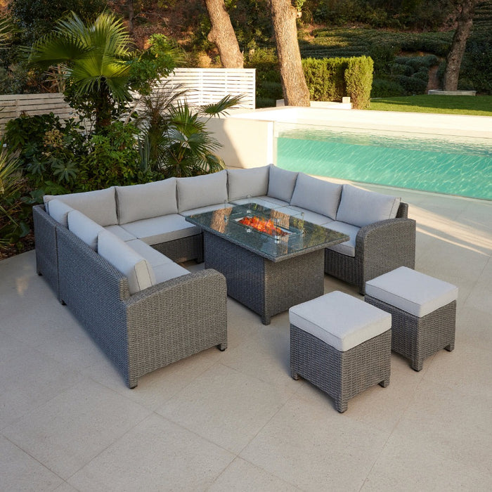 Hadley 8 Seater U-Shape Garden Sofa with Fire Pit Table & Stools, Grey