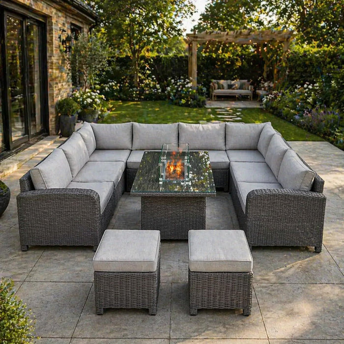 Hadley 8 Seater U-Shape Garden Sofa with Fire Pit Table & Stools, Grey