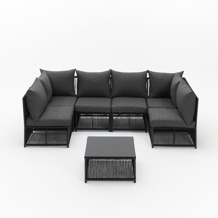 Tobago 6 Seat Modular Rope Garden Set With Firepit, Charcoal