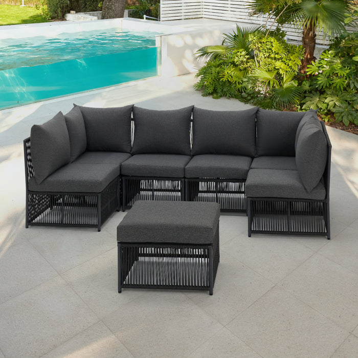 Tobago 6 Seat Modular Rope Garden Set With Firepit, Charcoal