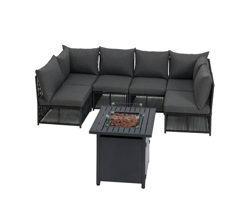 Tobago 6 Seat Modular Rope Garden Set With Firepit, Charcoal