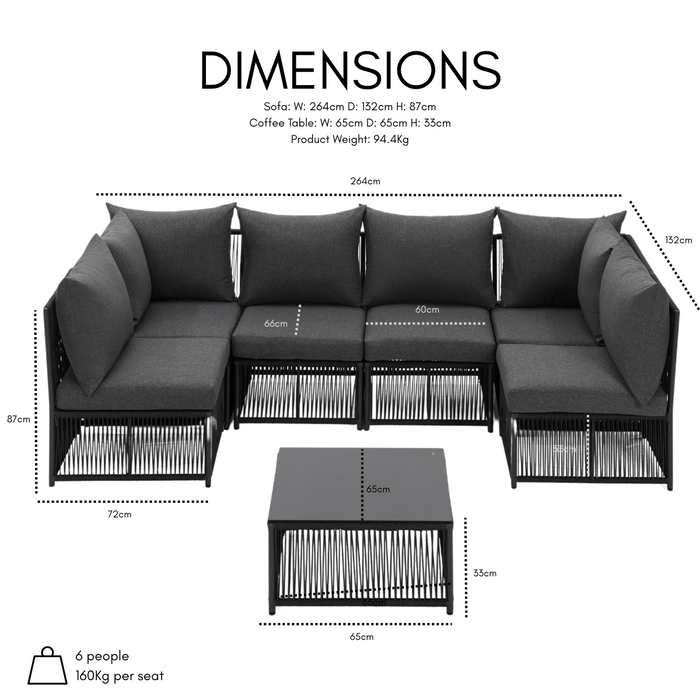 Tobago 6 Seat Modular Rope Garden Set With Firepit, Charcoal
