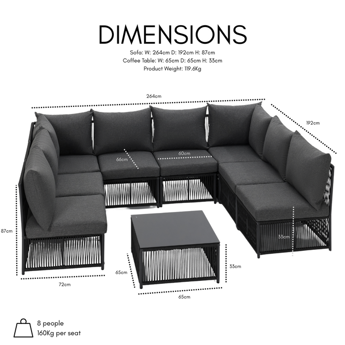 Tobago 8 Seat Modular Rope Garden Set With Firepit, Charcoal