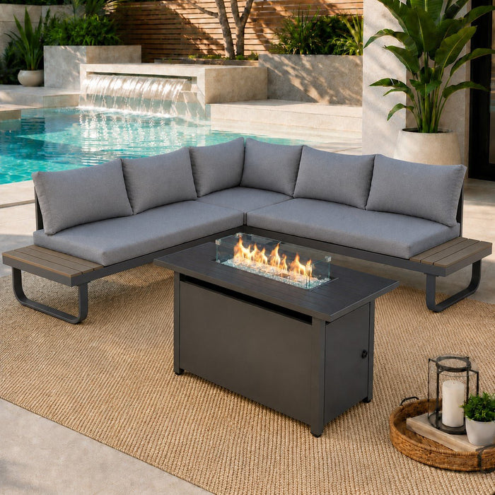 Skyros Aluminium Corner Garden Sofa with Firepit, Grey
