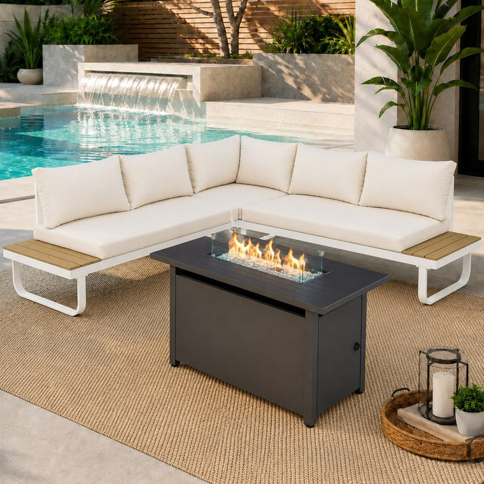 Skyros Aluminium Corner Garden Sofa with Firepit, White