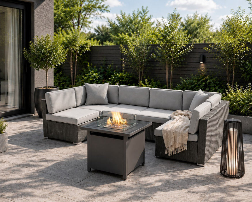 Maritimo Rattan Garden Set With Firepit, Dark Grey