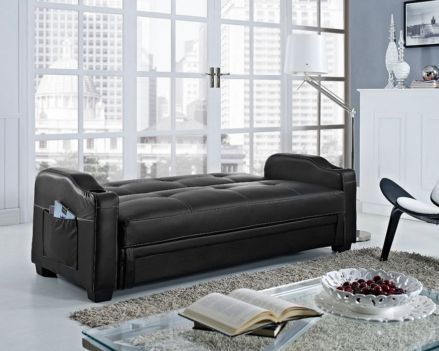 Storage Sofa Bed with Cupholders Black Faux Leather Living Room Padded Recliner
