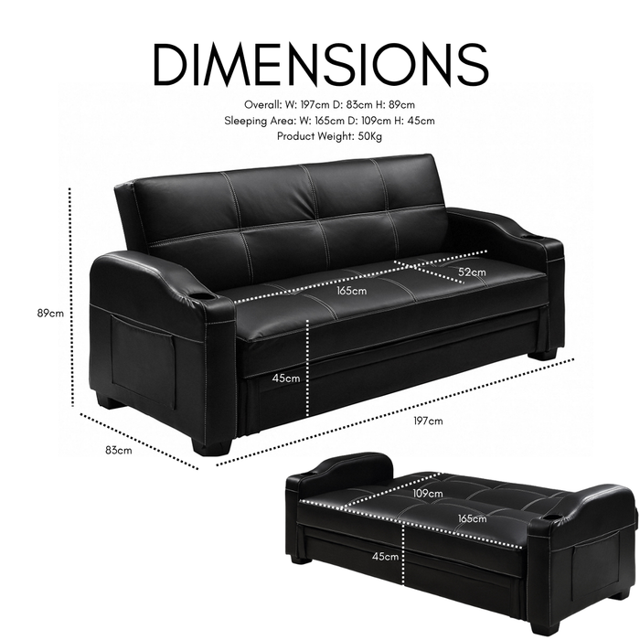 Nebraska Faux Leather Sofa Bed With Storage and Cupholders, Black Faux Leather