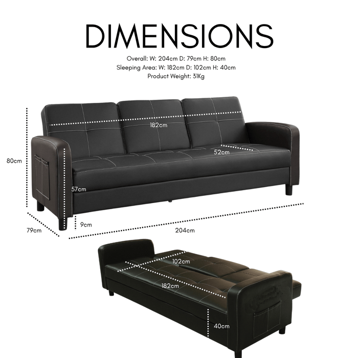 Tampa Sofa Bed, Contrast Stitching, Cupholder Tray, Black Faux Leather