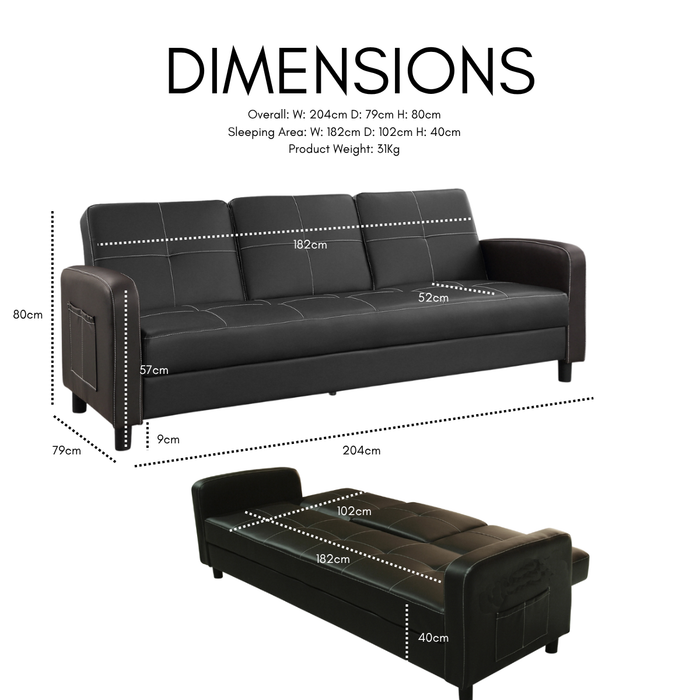 Tampa Sofa Bed, Contrast Stitching, Cupholder Tray, Brown Faux Leather