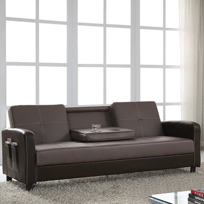 Tampa Sofa Bed, Contrast Stitching, Cupholder Tray, Brown & Ash Grey Faux Leather