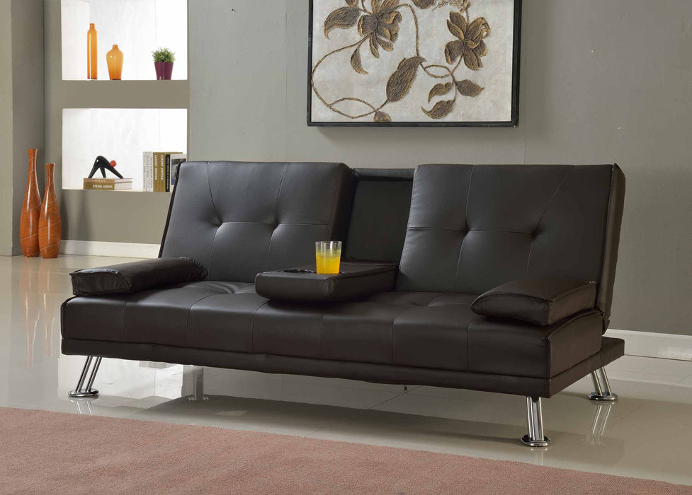 Sofa Bed Faux Leather Cupholder 3 Seater Chrome Legs, Brown