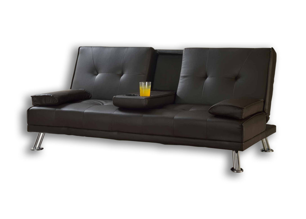 Indiana Faux Leather Sofa Bed With Cupholder Tray, Brown Faux Leather