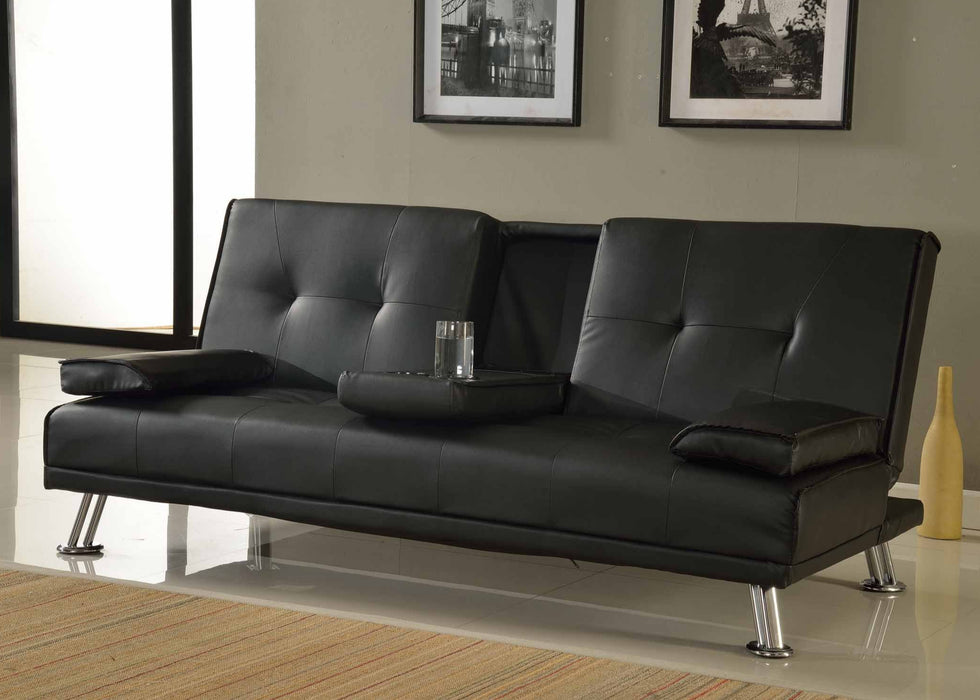 Indiana Faux Leather Sofa Bed With Cupholder Tray, Black Faux Leather