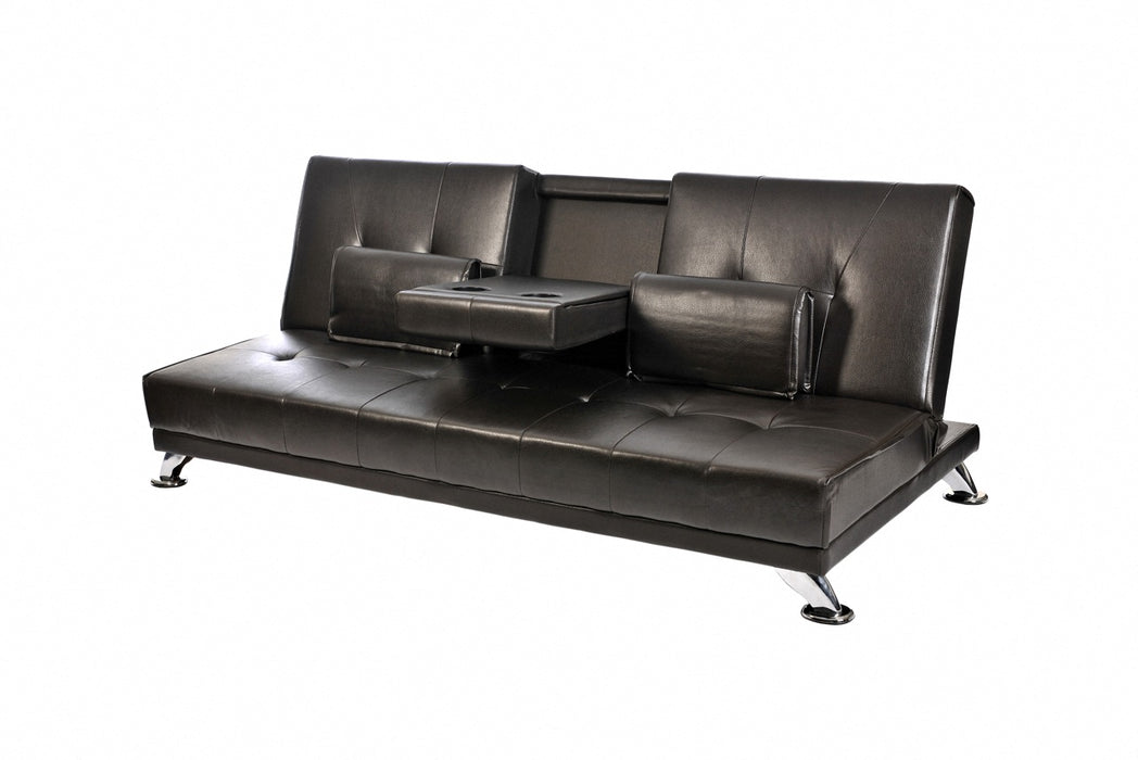 Indiana Faux Leather Sofa Bed With Cupholder Tray, Black Faux Leather
